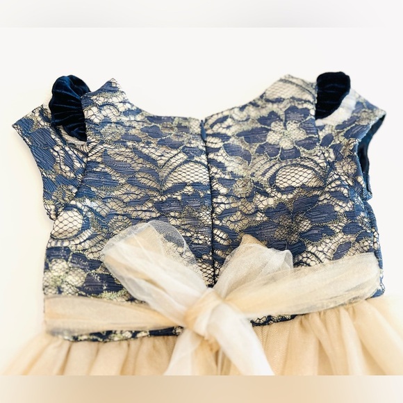 Biscotti Navy and Lace Champagne Tulle Dress with Bow, Girls 2T - Like New - Picture 6 of 8